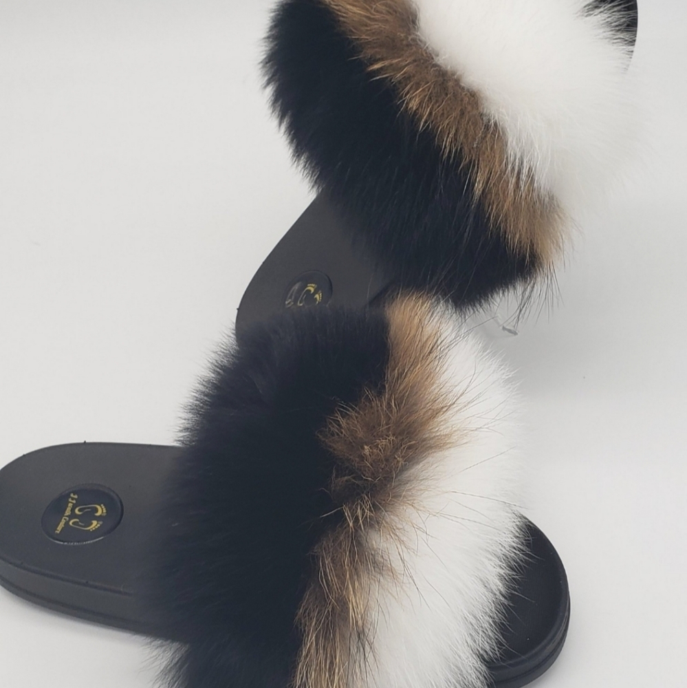 100% Real White Beige Black Fox Fur Slides In-stock Fast shipping